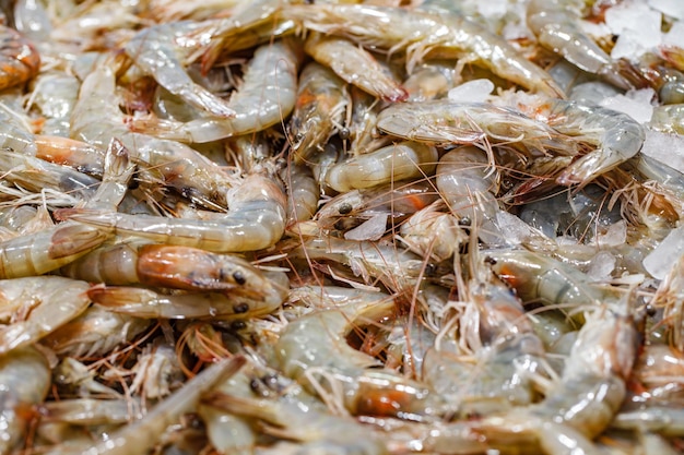 Garnelen roh viele auf Eis am Fischmarkt selektiver Fokus