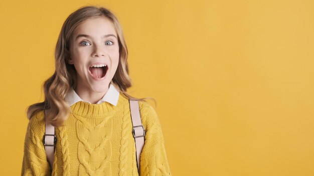 Garota adolescente loira alegre parecendo animada em pé perto do espaço de cópia para o seu anúncio ou conteúdo promocional isolado em fundo amarelo