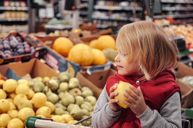 Garota adorável criança sentada no carrinho de compras em uma loja de frutas de alimentos ou supermercado. Retrato de criança fofa indo às compras e comprando frutas e vegetais frescos. Conceito de comida saudável para crianças