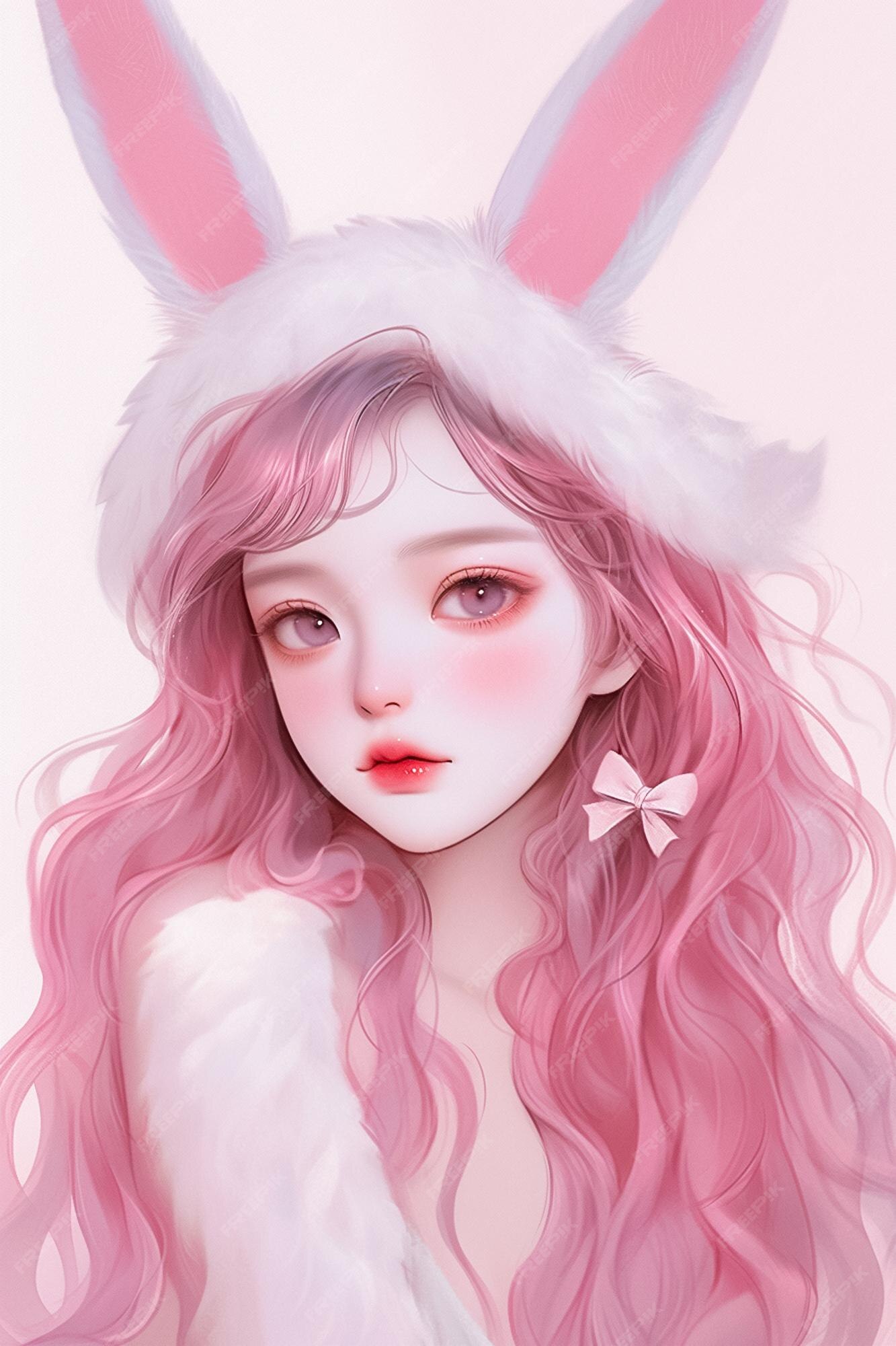 Anime fofo posando para foto cabelo rosa branco kemonomimi estilo realista  zbrush niji 5