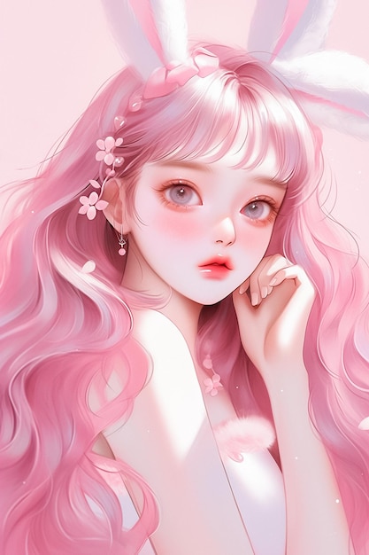 Garota adorável e charmosa com cabelo rosa e orelhas de coelho gerada por Ai