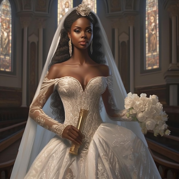 Garota africana com um vestido de noiva em cherch