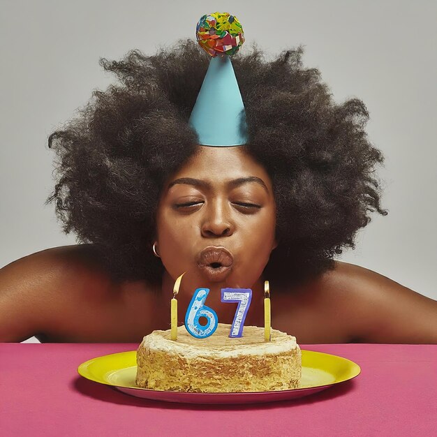 Foto garota afro-americana com bolo de aniversário soprando no ar em fundo azul