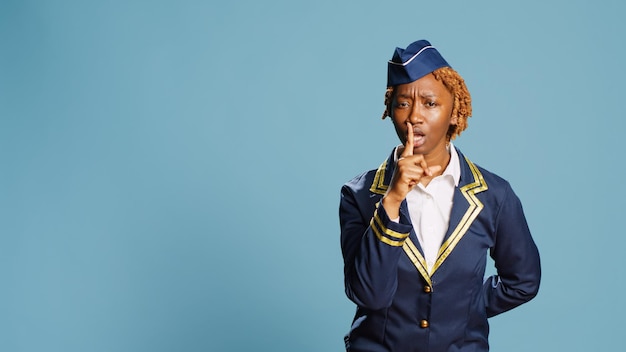 Garota afro-americana fazendo gesto silencioso mudo no estúdio, agindo de forma confidencial e mantendo segredo. Jovem tripulante vestido de uniforme sendo privado e pedindo sigilo com sinal de silêncio.