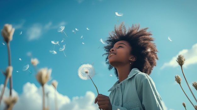 Garota afro-americana segurando uma flor soprando um dente-de-leão em pé no céu azul do prado de verão