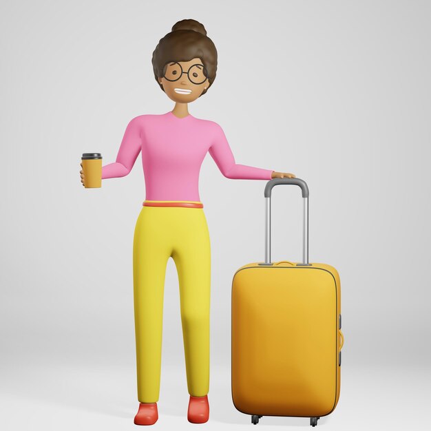Garota afro-americana sorridente viajante mala amarela bagagem café renderização em 3d Publicidade de viagens de avião moderno