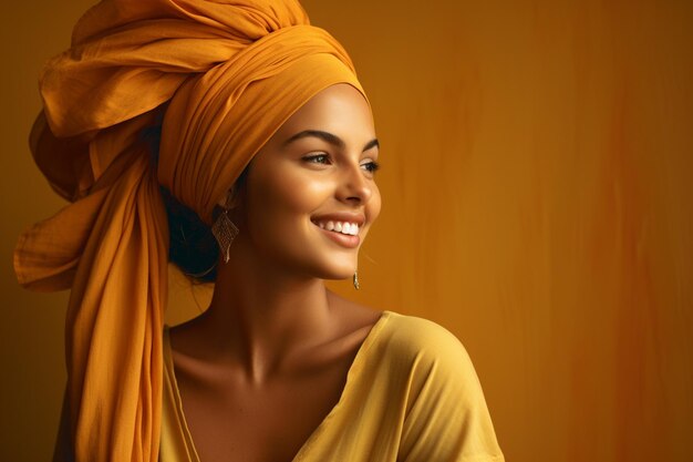 Foto garota afro-americana usando um turbante étnico em fundo amarelo em foto de estúdio beleza e cultura foto de alta qualidade