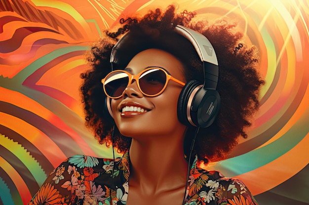 Garota afro animada está ouvindo música com fones de ouvido