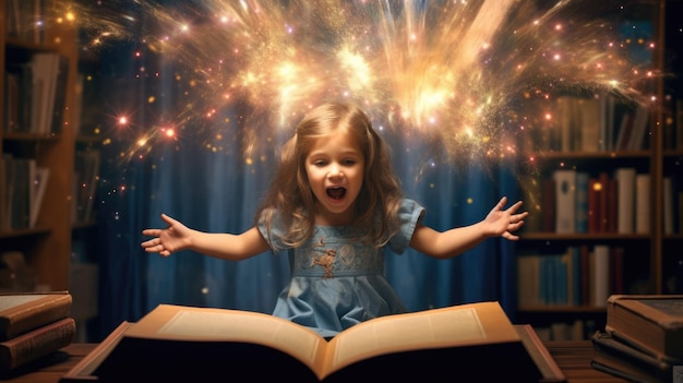 Garota animada com um livro mágico aberto com uma onda de elementos mágicos astrais fluindo para fora Weber de imagem de IA generativa