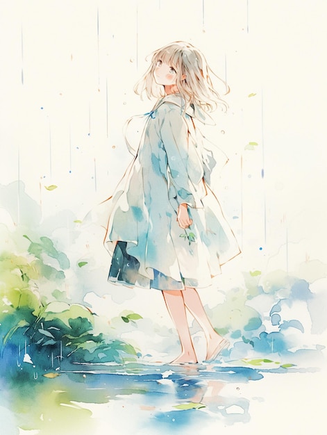 garota anime caminhando na chuva com guarda-chuva e bolsa generativa ai