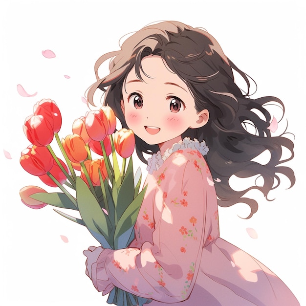 garota anime com cabelo comprido segurando um buquê de flores ai generativa