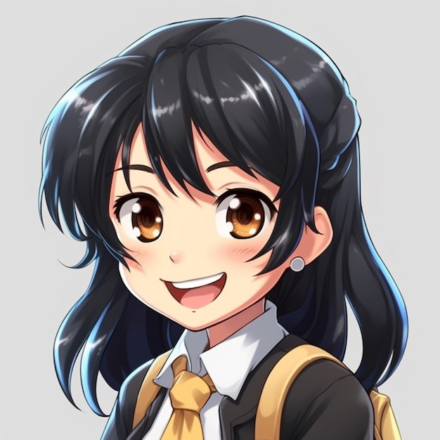 garota anime com cabelo preto e gravata amarela sorrindo ai generativa