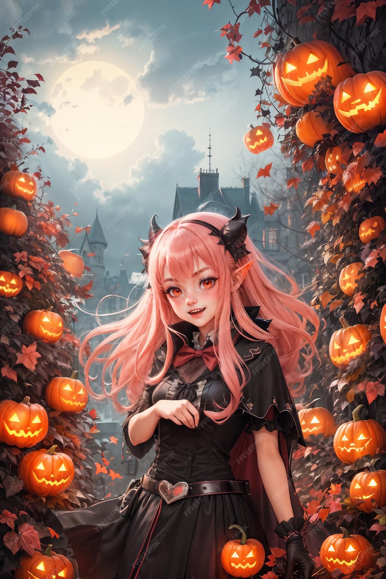 Ilustração da bruxa rosa de halloween em estilo anime