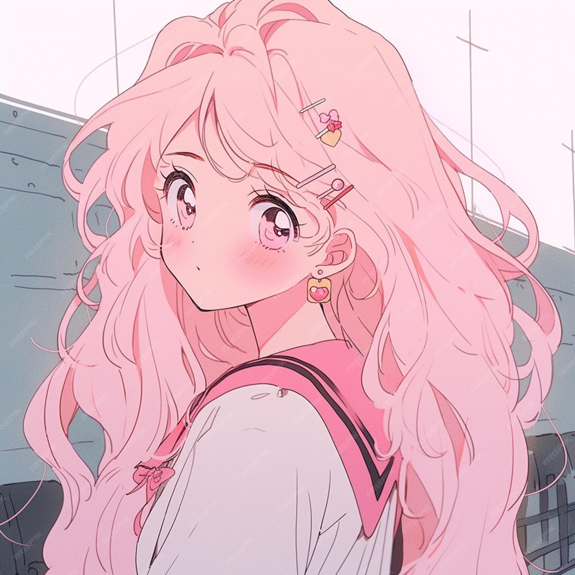 Personagem de anime fofo com cabelo rosa olhando para a câmera