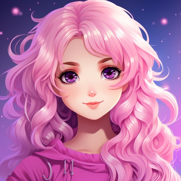 Garota de anime com cabelo roxo e olhos grandes e tristes · Creative Fabrica