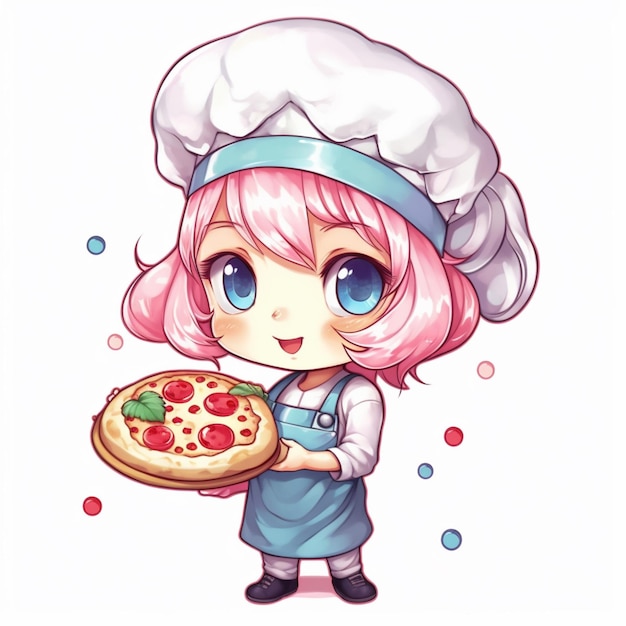 garota anime com cabelo rosa segurando uma pizza na mão ai generativa