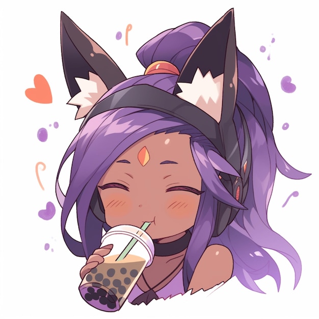 garota anime com cabelo roxo e orelhas de gato bebendo chá de bolhas IA generativa