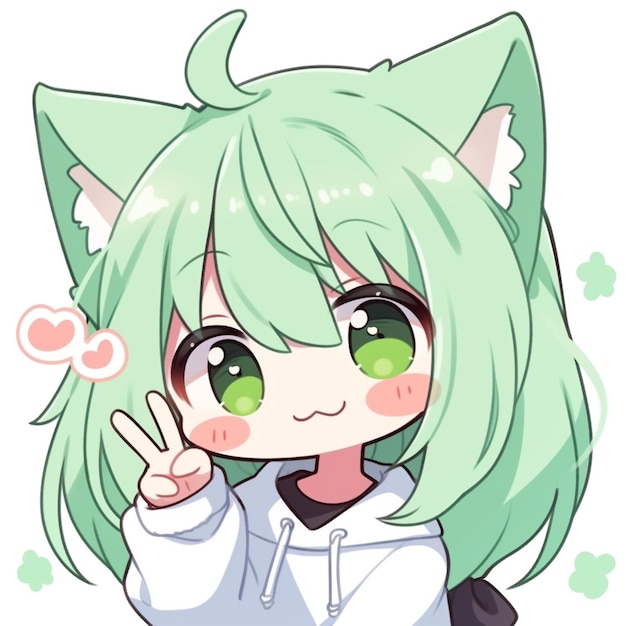 garota anime com cabelo verde e olhos verdes fazendo um sinal de paz IA generativa