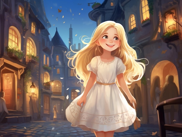 garota anime com vestido branco andando por uma rua de paralelepípedos generativa ai