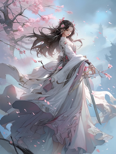 garota anime em um vestido branco com uma espada e uma flor rosa generativa ai