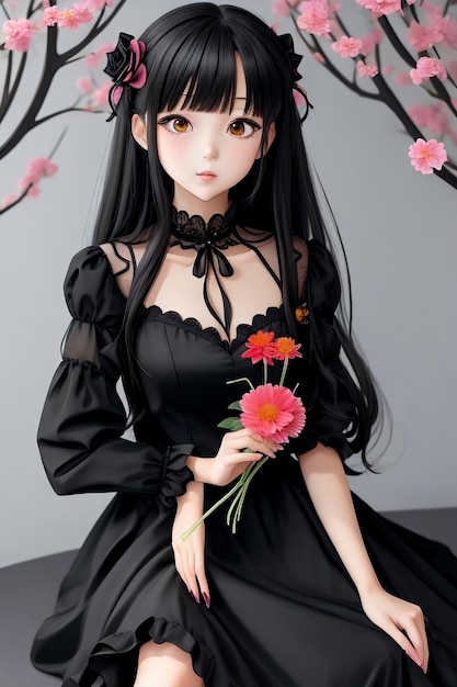 Garota anime em um vestido preto com uma flor