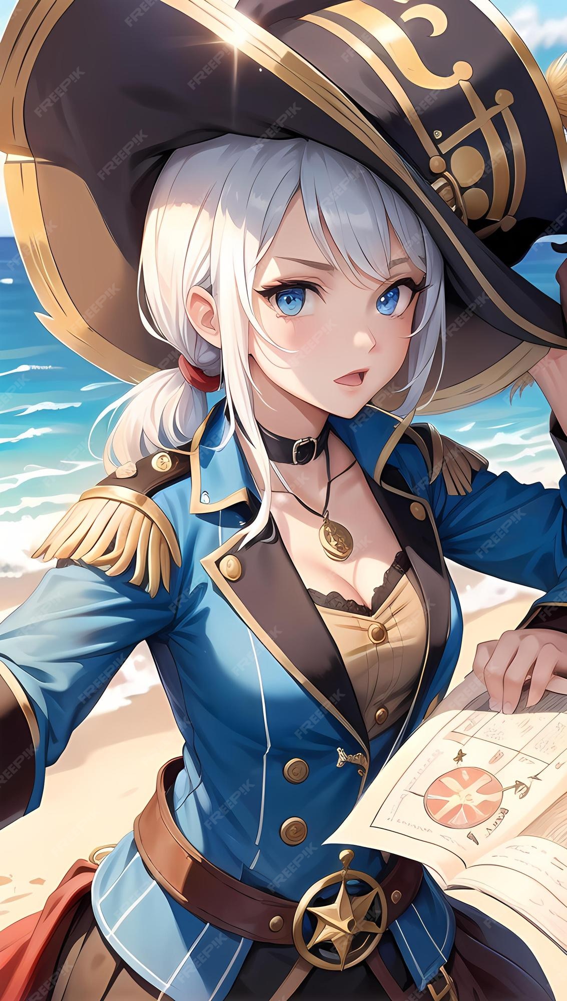 Manga anime linda garota pirata na ilustração da ilha do tesouro