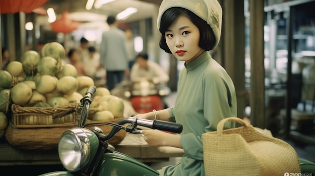 garota asiática vintage com scooter no mercado vestindo ao dai verde pálido