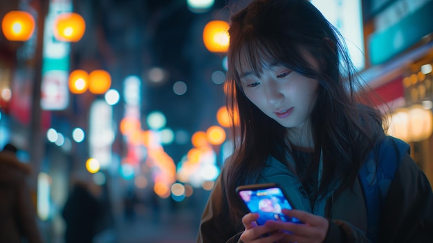 Foto garota asina usando um smartphone na cidade à noite