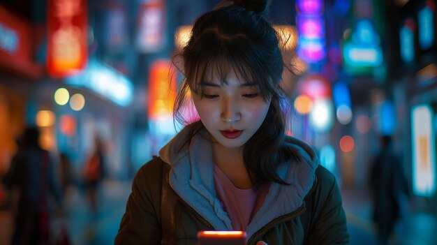 Foto garota asina usando um smartphone na cidade à noite