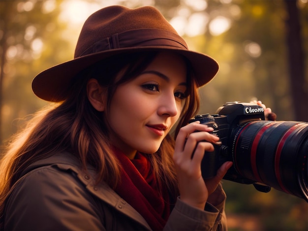 Garota atraente segurando câmera ao ar livre gerada por Ai