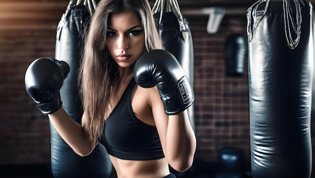Garota atraente usando luvas de boxe e roupas apertadas no treino