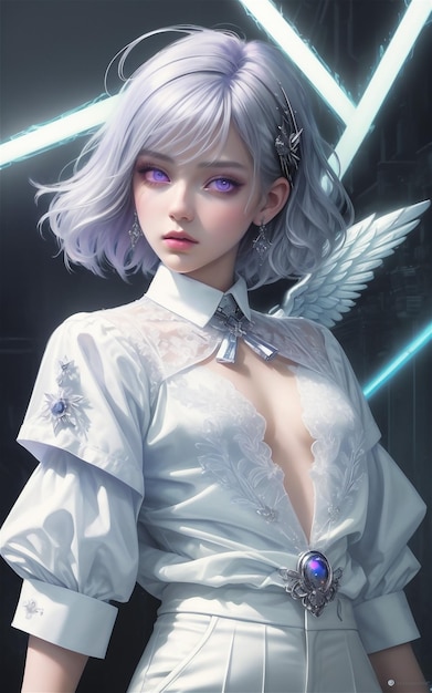 garota bonita com asas de anjo futurista garota de anime de anjo garota de anjo em cor de néon futuris
