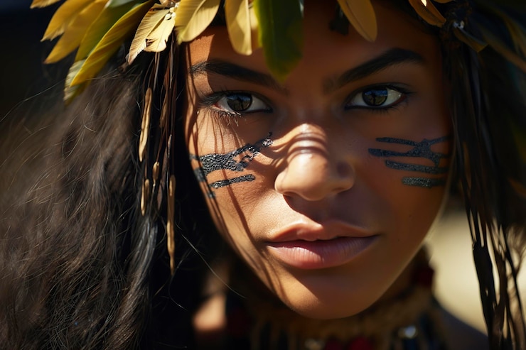 Foto garota bonita com detalhes de ornamentos em sua cabeça seguindo a tradição polinésia