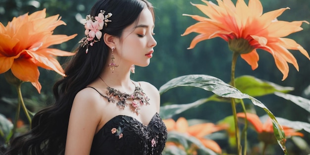 garota bonita com flores jovem mulher com flores vietnamita mulher chinesa