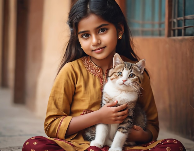 Foto garota bonita com um gato bonito em seu colo foto realista ai generativa