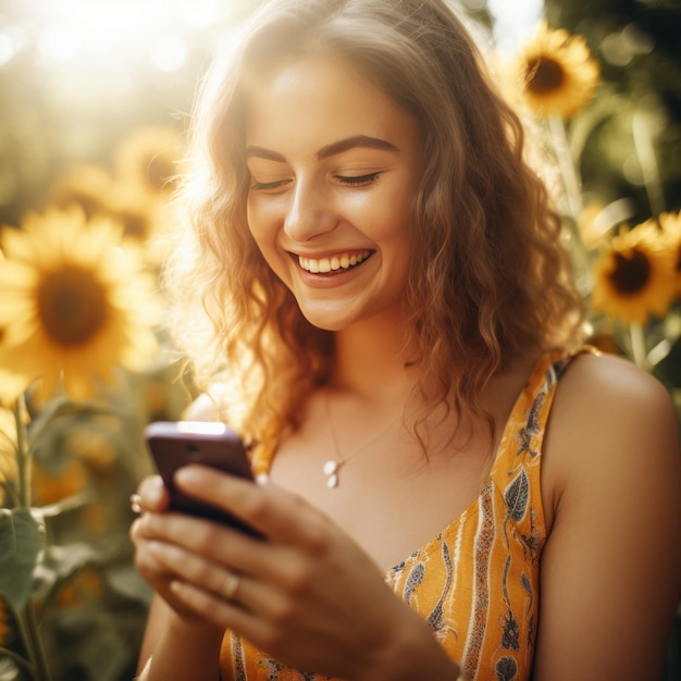 Garota bonita de verão sorrindo com um smartphone