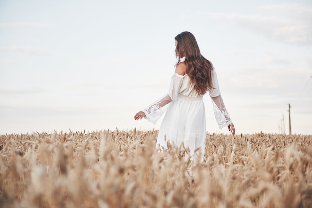 Garota bonita em um campo de trigo em um vestido branco, uma imagem perfeita no estilo de vida estilo