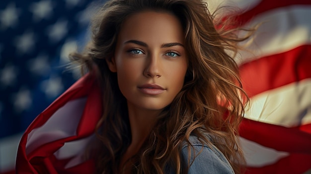garota bonita no fundo do festival da bandeira dos EUA