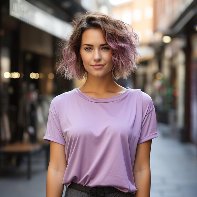 Foto garota bonita olhando para a câmera modelo de moda vestindo camiseta mockup preto roxo rosa verde