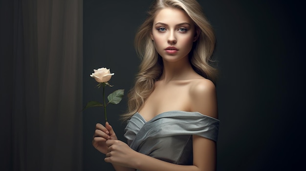 garota bonita segurando uma rosa em sua mão IA generativa