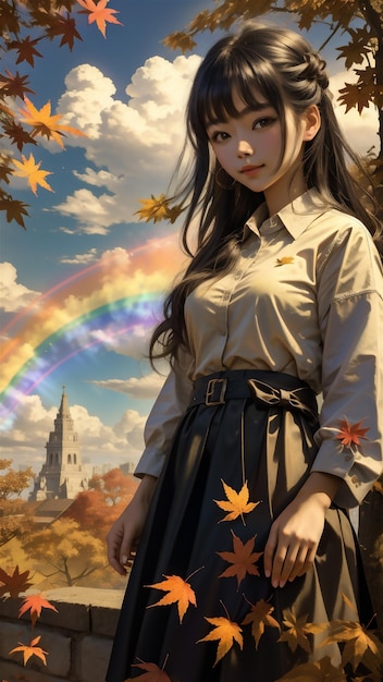 garota bonita sozinha assistindo arco-íris arte digital pintura arte anime gráficos fundos