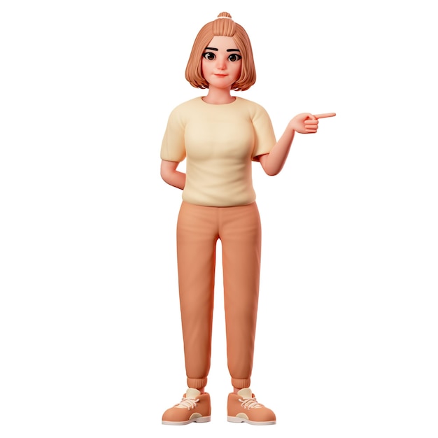Garota casual apontando para o lado direito usando ilustração de renderização de personagem 3D da mão direita