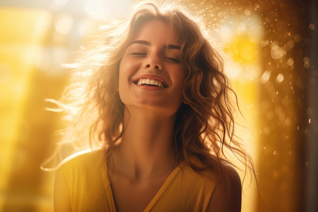 Foto garota caucasiana com cabelos longos à luz do sol brilhante
