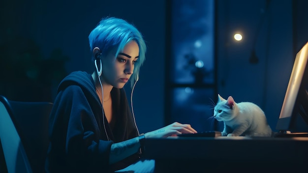 Garota caucasiana de cabelos azuis usando computador sentado em casa, escritório, rede neural, arte gerada