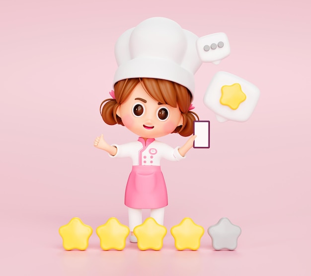 Foto garota chef bonita de uniforme segurando o smartphone e o feedback do cliente avaliando a experiência de avaliação do logotipo do personagem mascote do restaurante no fundo rosa 3d ilustração dos desenhos animados