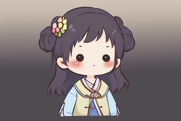 Garota chibi de desenho animado usando Hanfu chinês antigo com pequenas decorações de flores no cabelo