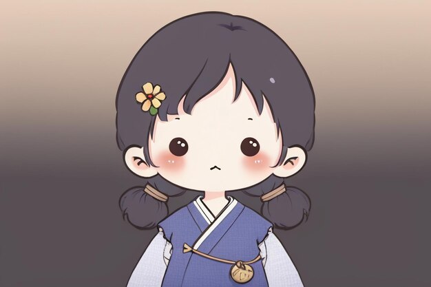 Garota chibi de desenho animado usando Hanfu chinês antigo com pequenas decorações de flores no cabelo