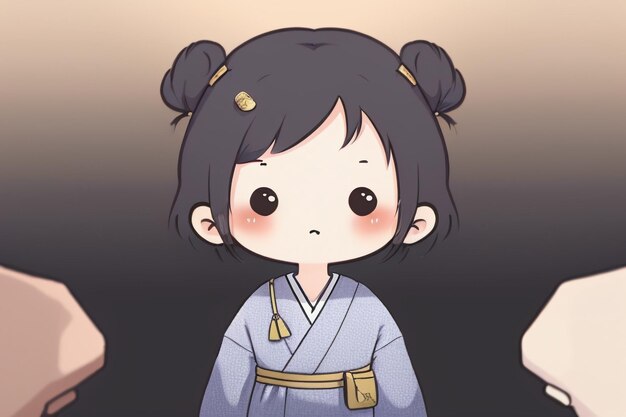 Garota chibi de desenho animado usando Hanfu chinês antigo com pequenas decorações de flores no cabelo