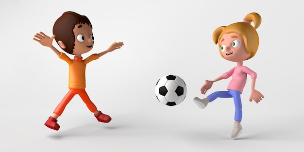 Garota chutando uma bola de futebol e garoto pulando ao lado dela Copie o espaço Cartoon De volta à escola