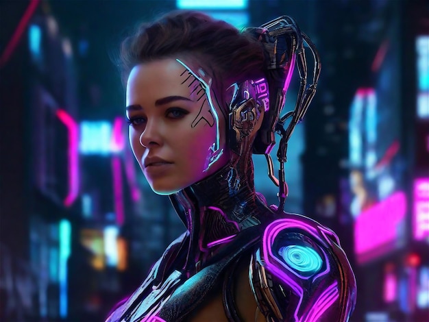 Garota ciborgue Uma linda garota cyberpunk se posiciona contra o pano de fundo da cidade noturna do futuro